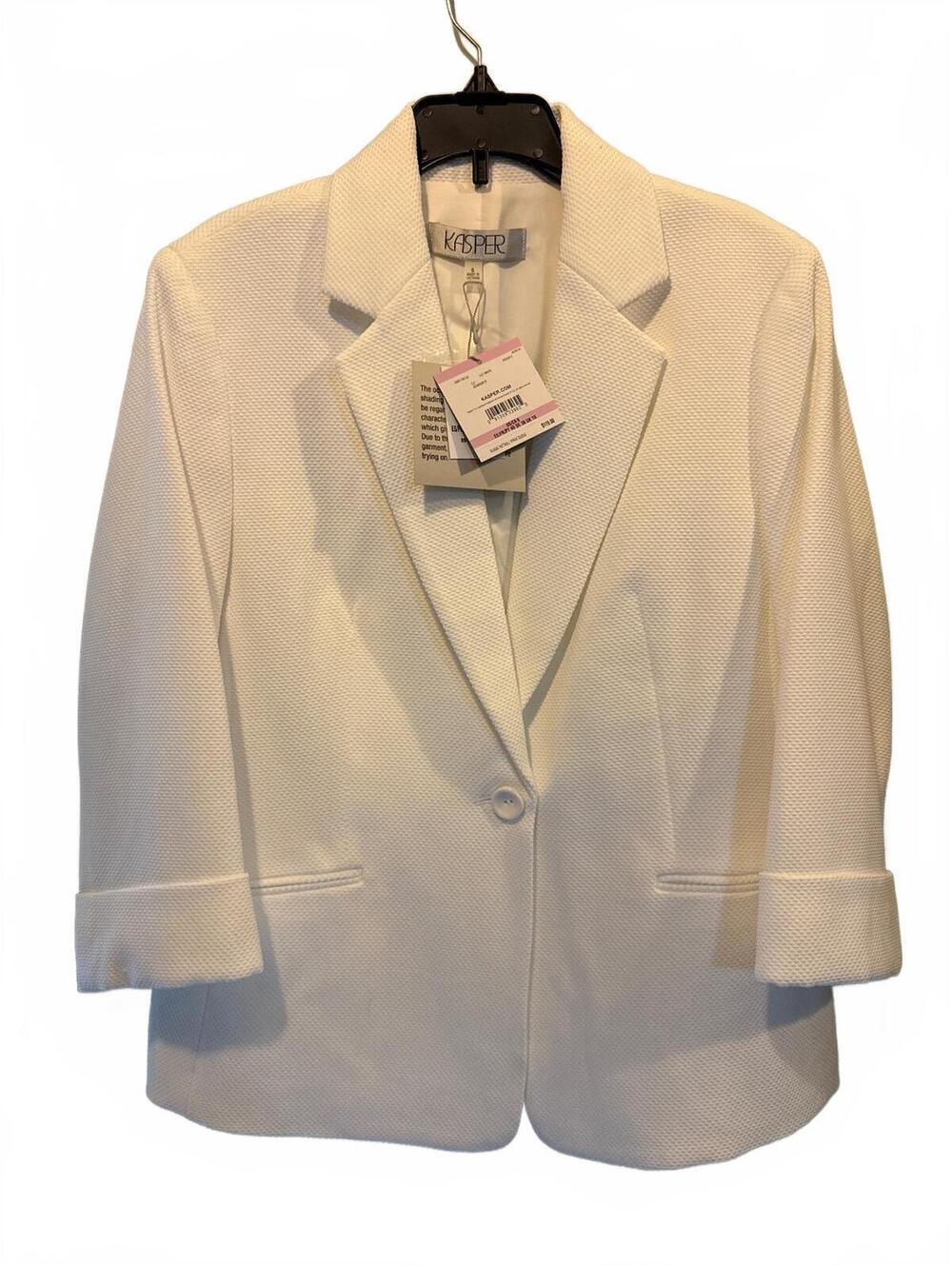 NWT Kasper Pique One Button Blazer Jacket 6 Lily White Waffle Knit Cuffed